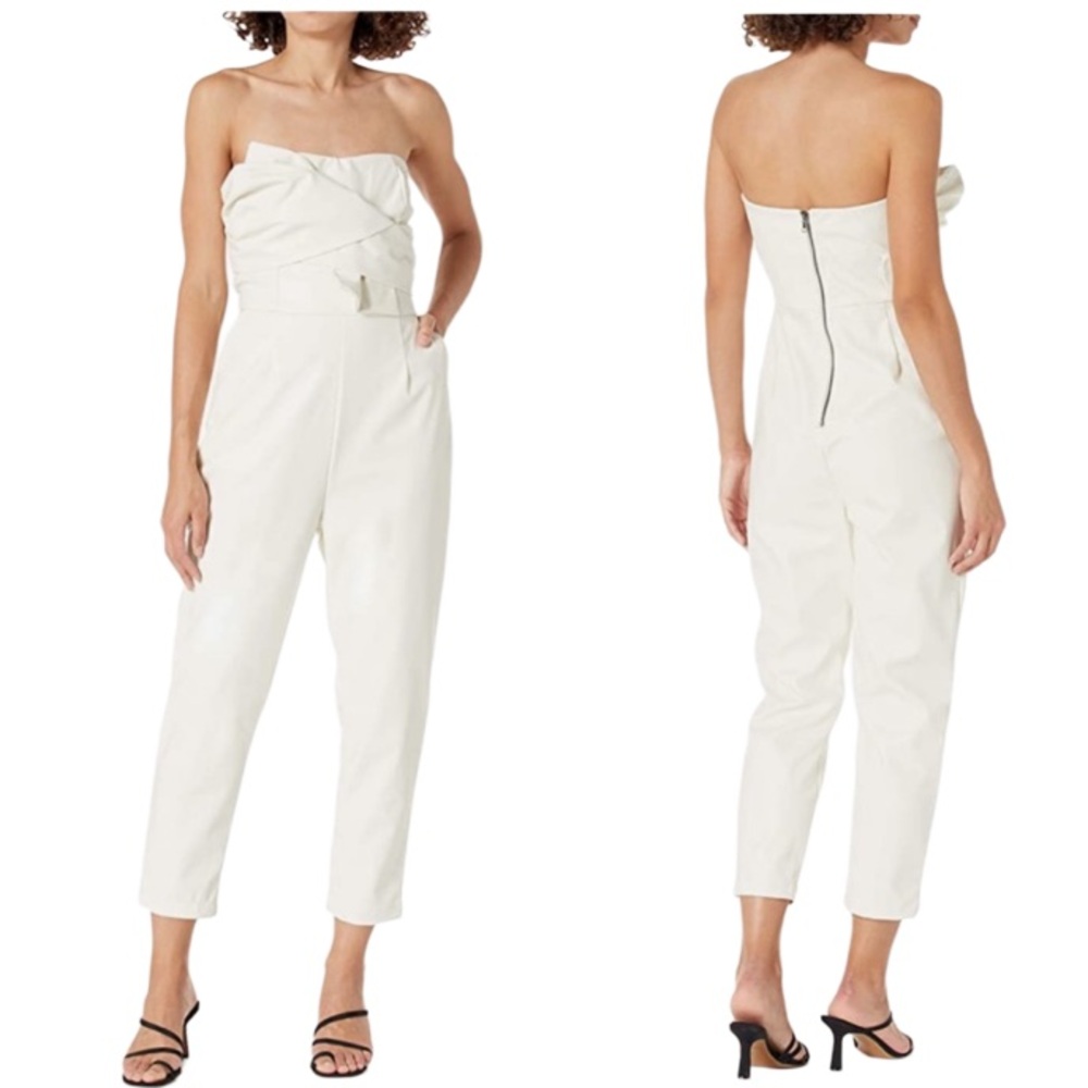 Kendall and Kylie Front Tie Strapless White Vegan Leather Jumpsuit